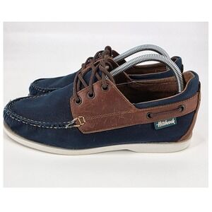 HITCHCOCK WIDE BOAT SHOES MENS SIZE 7 3E WIDTH BROWN LEATHER BLUE CANVAS COMFORT